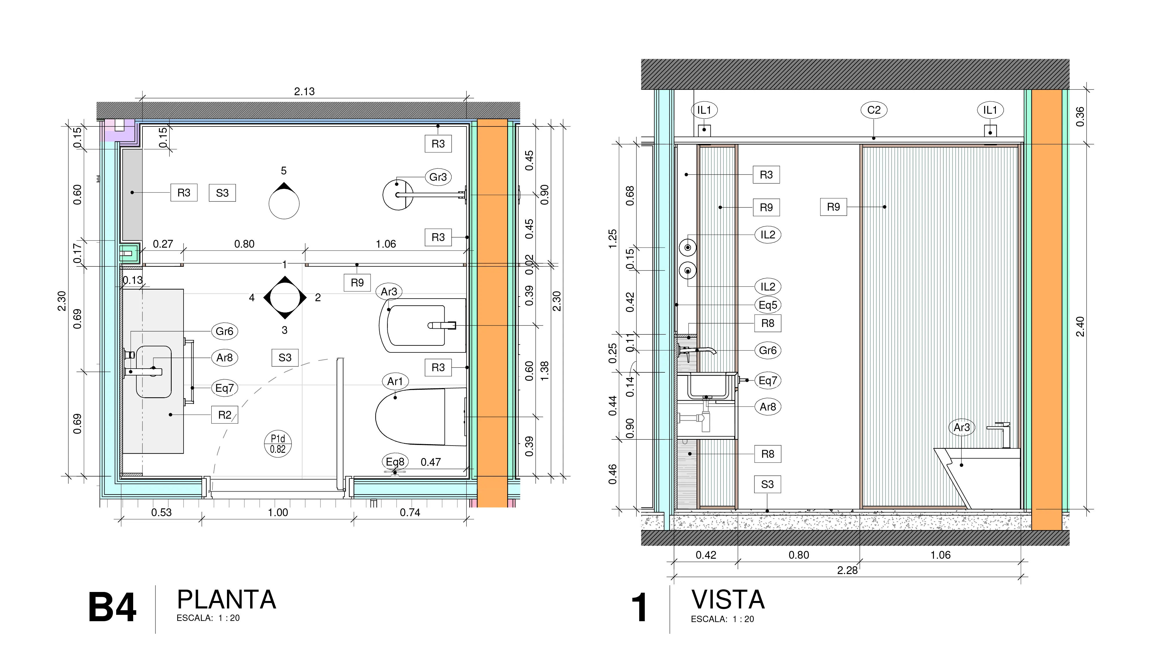 Documentación técnica arquitectónica — detalle de baño CABA — Nadia Hidalgo arquitecta